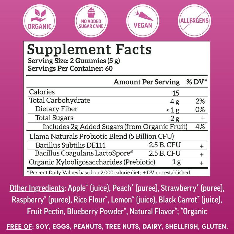 Llama Naturals Probiotics for Women and Men with Prebiotic Fiber, Vegan, Organic, Probiotic Gummies for Gut Health Support, Adults Real Fruit Gummy Vitamins, No Added Sugar Cane, Mixed Berry, 120 Ct Adult Mixed Berry 120 Count (Pack of 1)
