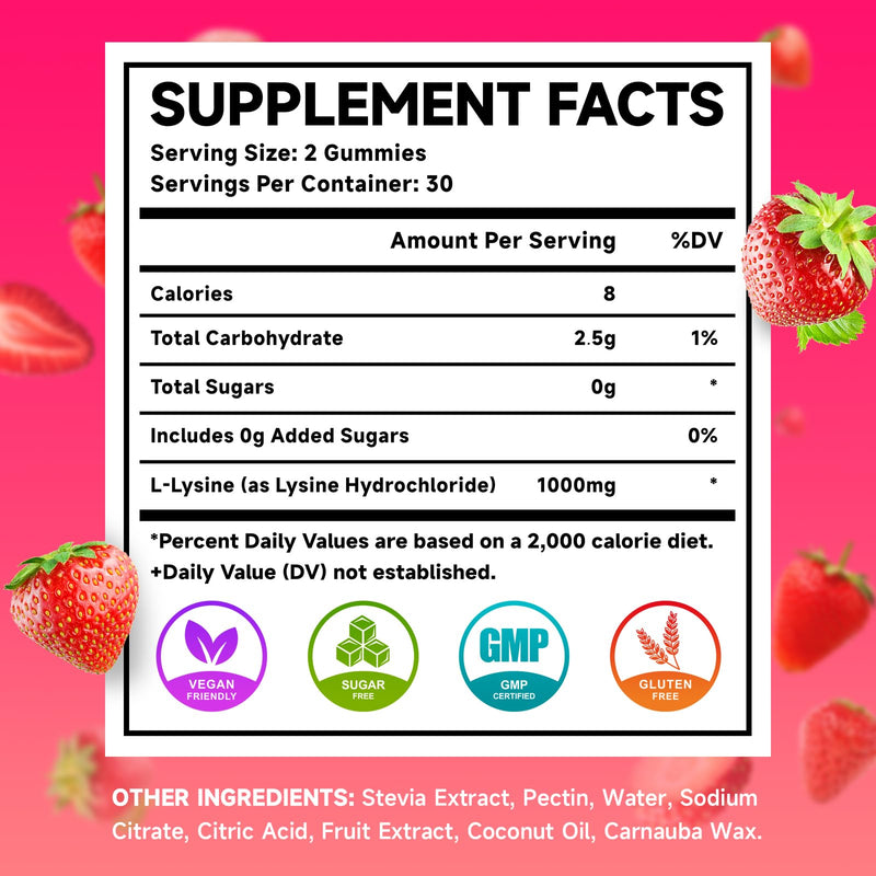 MEENCCD 2 Pack L-Lysine 1000mg Gummies, Lysine Supplement for Adults & Kids, Essential Amino Acid for Oral & Lips Health, Boost Immune & Calcium & Collagen, Sugar-Free, Strawberry Flavor, 120 Count 60 Count (Pack of 2)