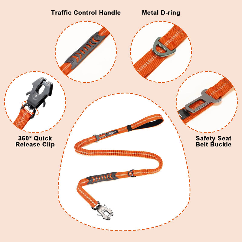 Raipult Heavy Duty Frog Clip Dog Leash, 4-6FT Strong Bungee Training Leash with 2 Handles, Highly Reflective Shock Absorbing Elastic Leashes with Car Seatbelt for Medium Large Dogs,Orange Neon Orange Aviation aluminum