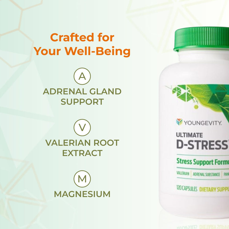 Youngevity Ultimate D-Stress Stress Support with Magnesium, 120 Capsules | Magnesium, valerian root, B1, B2, B6 and B12, adrenal support, nervous system health, daily relaxation support, 120 capsules