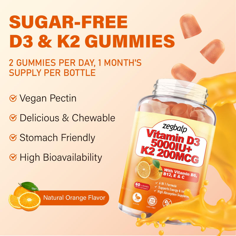 Vitamin D3 K2 Gummies for Adults - Vitamin D3 5000IU & K2(MK-7) 200mcg | Vitamin D3 Supplement with Vitamins B Complex, Vitamins C E for Women and Men - Vegan, Gluten Free, 2Packs 120 Count