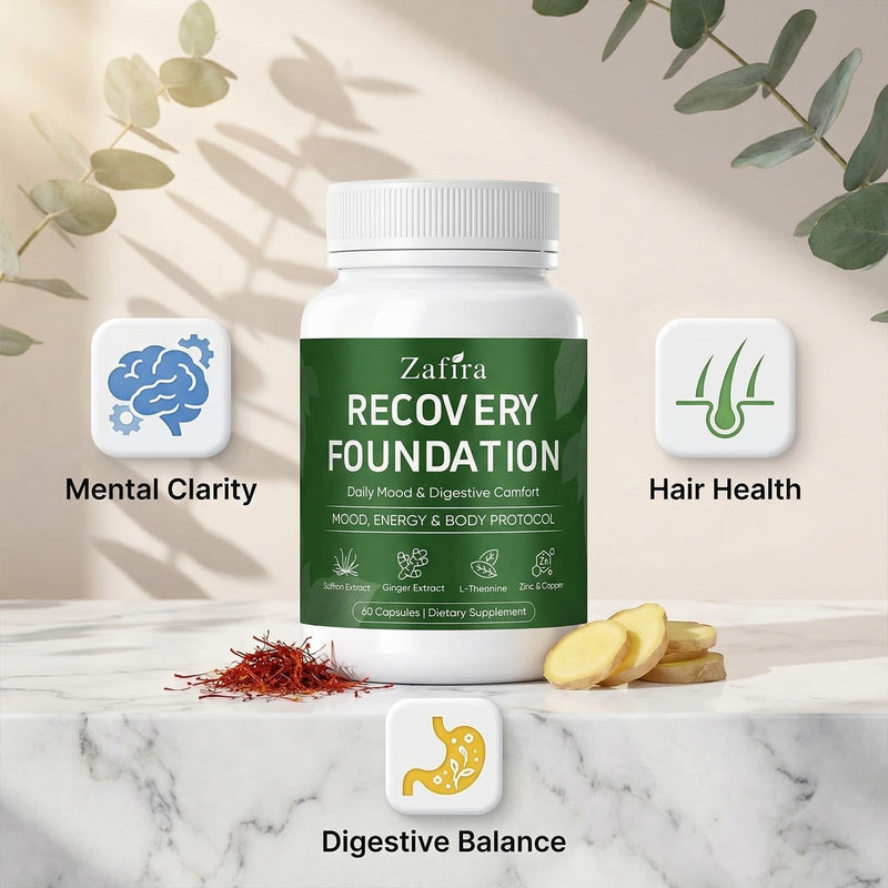 Zafira Organics Recovery Foundation Capsules – Mental Clarity & Daily Wellness Support, Saffron Extract, Ginger, L-Theanine, Myo-Inositol | Non-GMO Dietary Supplement, 60 Capsules