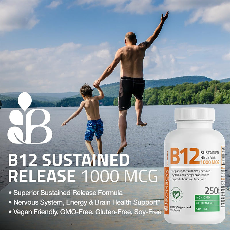 Bronson Vitamin B12 1000 mcg Sustained Release, Energy Support, 250 Tablets | Healthy Brain Function & Nervous System Support, Vegan, Non-GMO, Gluten-Free & Soy-Free 250 Count (Pack of 1)