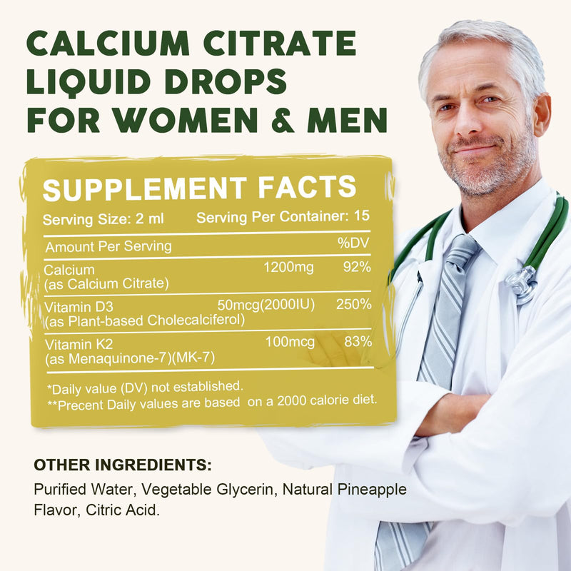 Calcium Citrate 1200 mg with Vitamin D3 Liquid Drops for Women & Men, Calcium Citrate with Vitamin D3 & K2 for Bone Muscle & Teeth- 2 Fl oz- 30 Day Vegan Supply 1 Fl Oz (Pack of 2)