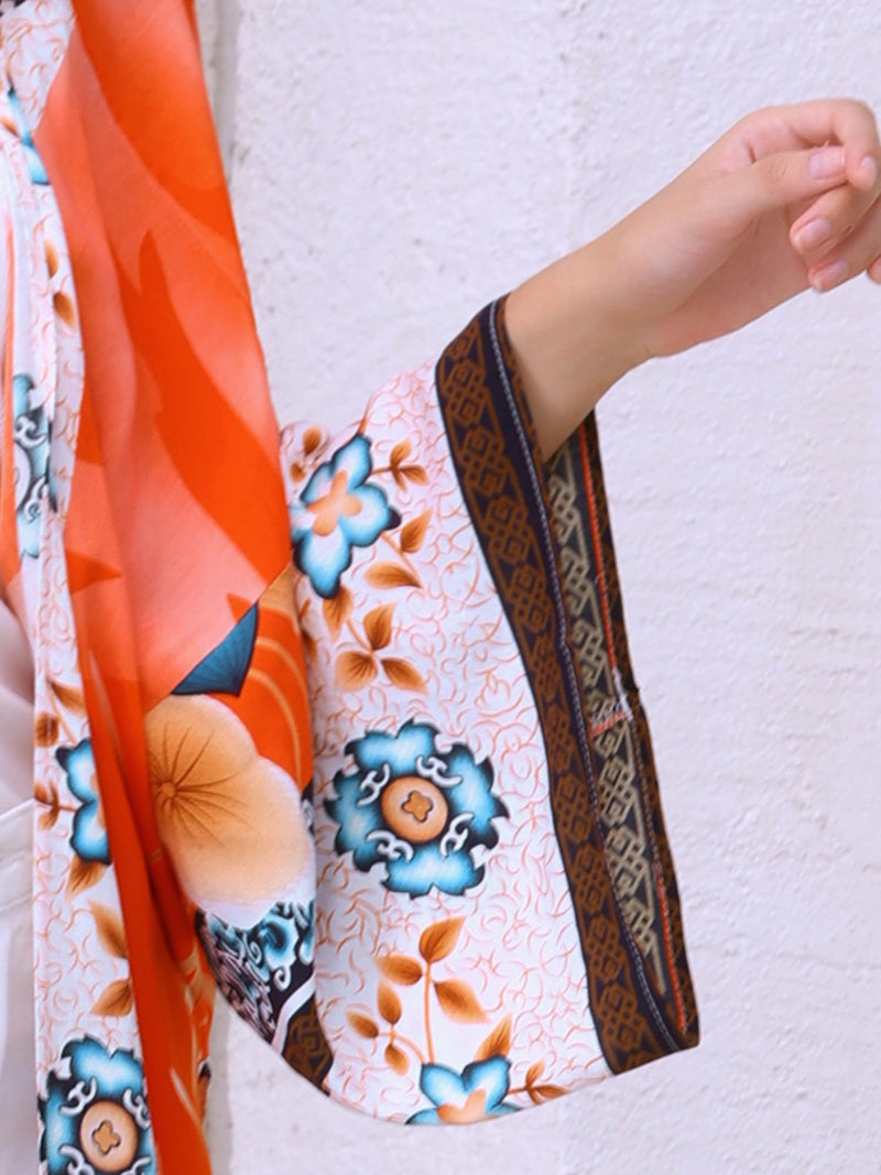 Allegra K Women's Kimono Cardigans Loose Fit Causal Beach Floral Print Boho Cardigan Swimsuit Cover Up Medium Orange - BeesActive Australia