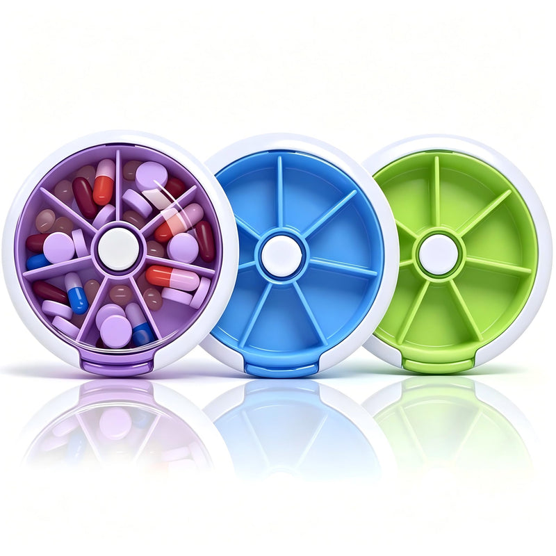 3PCS Weekly Pill Organizer Daily Pill Box 7 Day Medicine Pill Dispenser Rotate Pill Planner with 7 Compartments for Fish Oil Supplements Vitamins Container