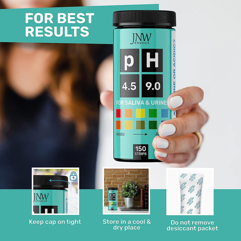 pH Test Strips for Urine and Saliva - 150 Litmus Paper pH Test Strips with Ebook, Quick & Easy pH Level Testing from 4.5-9.0, Ultimate Acidity Test Kit from JNW Direct 4.5-9 pH Test Strips