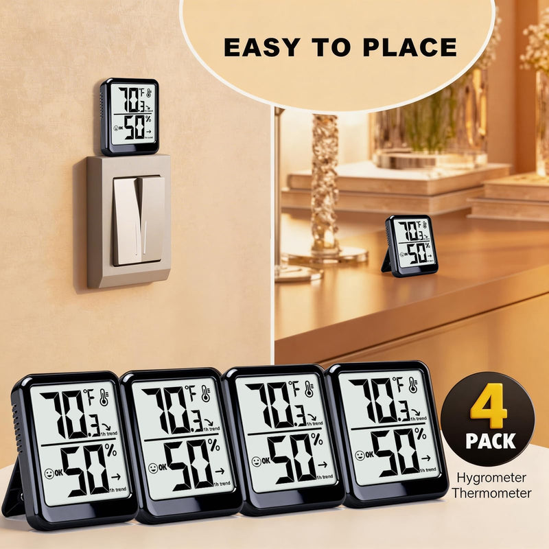 4-Pack Room Thermometer Indoor Hygrometer, Small Digital Temperature and Humidity Monitor Sensor, Temperature Humidity Gauge Meter for Home Baby Room, Plants, Pets - AAA Battery Included Black - Upgraded Version - BeesActive Australia