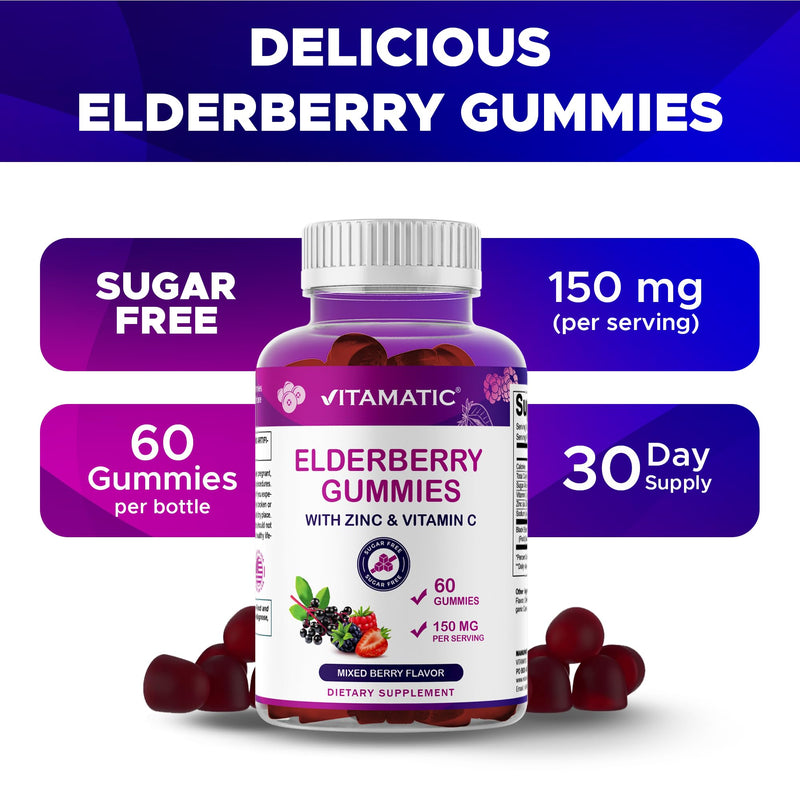 Vitamatic Elderberry Gummies with Vitamin C & Zinc – Immune Support Supplement – Mixed Berry Flavor– 60 Gummies – Made in The USA, Vegan, Non-GMO, Gluten-Free (Pack of 2) 60 Count (Pack of 2)