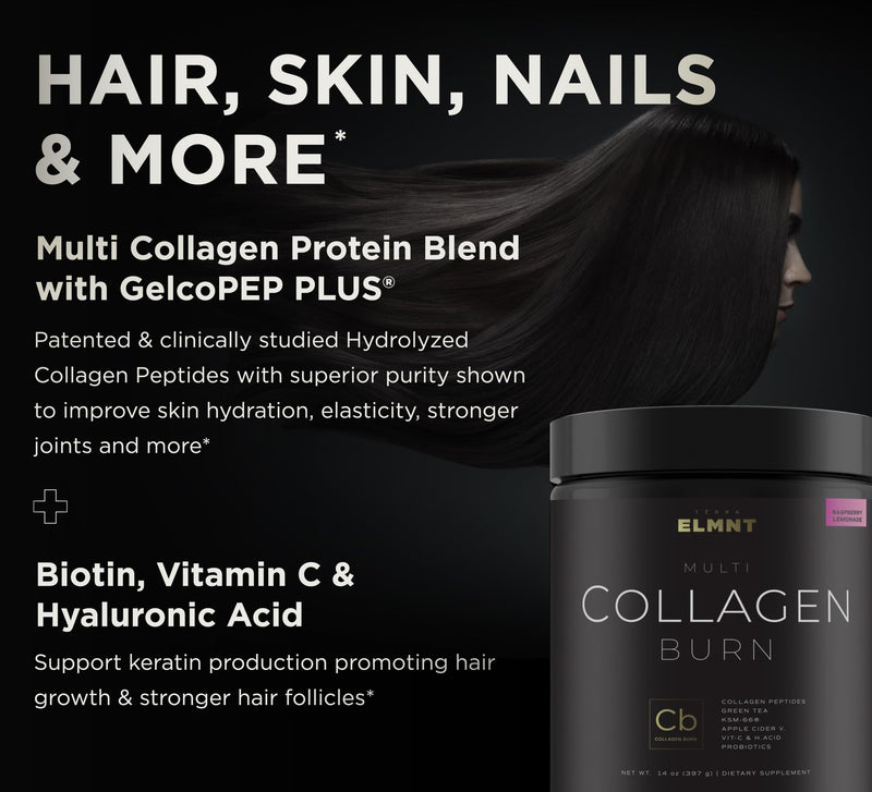 ELMNT Super Collagen Burn for Women w. Probiotics, Hyaluronic Acid, Apple C Vinegar, KSM66, Biotin+ Premium Colageno Multi Collagen Protein Powder for Weight Loss, Fat Burner, Hair, Skin+ (R-Lemonade) Raspberry Lemonade - BeesActive Australia