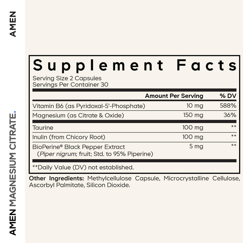 Codeage Magnesium Citrate, Vitamin B6 P5P, Taurine, BioPerine, 60 Capsules | Magnesium citrate with vitamin B6 P5P, taurine, inulin prebiotic, BioPerine black pepper. Gluten-free, non-GMO.