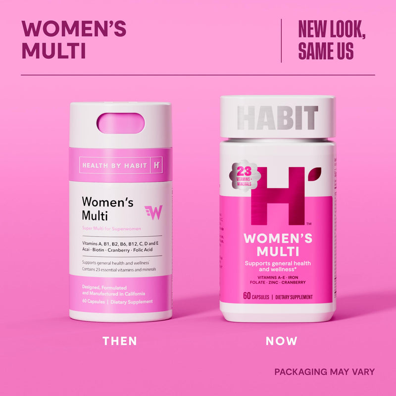 Habit Womens Multi Supplement (60 Capsules) - New Look, Supports General Health & Wellness, 23 Essential Vitamins and Minerals, Fruit extracts, Folate, Iron, B12, Biotin, Non-GMO (1 Pack) 1 Pack