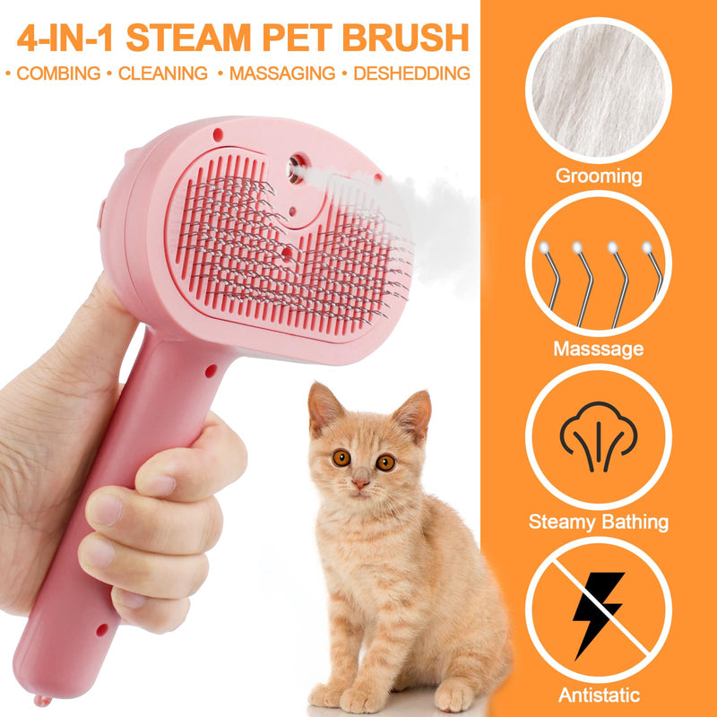 Cat Steam Brush for Shedding, 4 in 1 Steamy Cat Brush with Release Button, Self Cleaning Metal Pet Misting Hair Comb with Long Handle for Grooming Indoor Kitten Dogs(Pink) Pink - BeesActive Australia