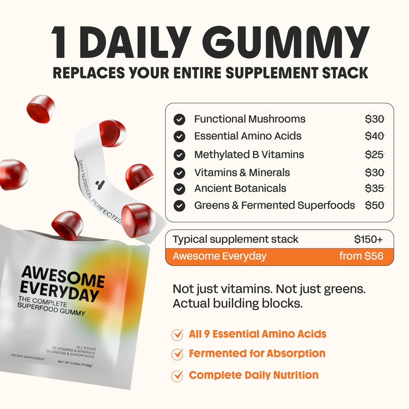 Awesome Everyday - Essential Daily Nutrition Gummies - Adults - 28 Count | Contains 9 Essential Amino Acids, Features 19+ Vitamins and Minerals, Has 55+ Fermented Superfoods and Greens Blend 28 Count (Pack of 1)
