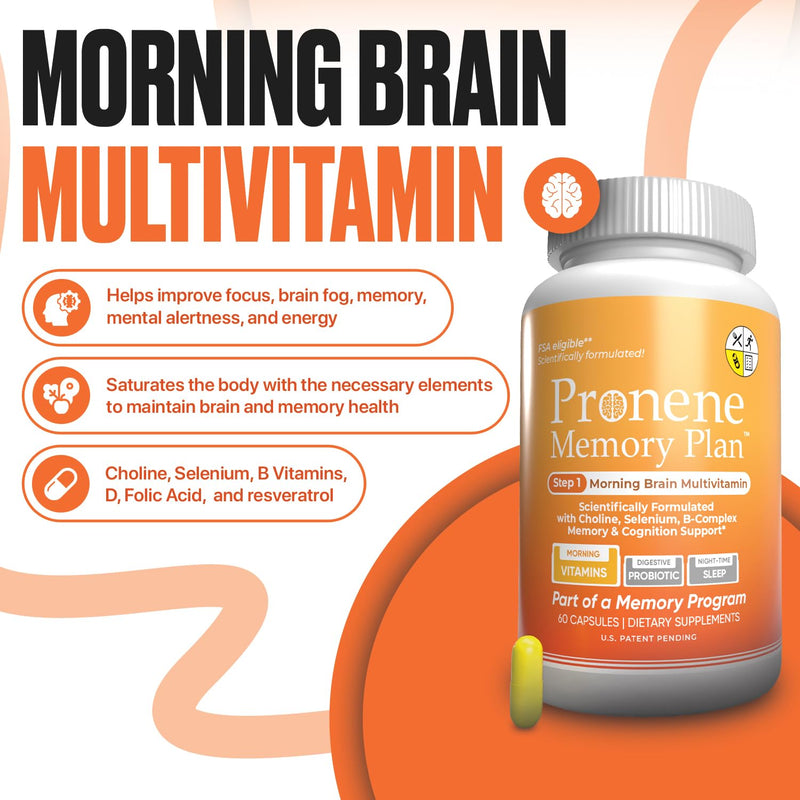 Pronene Memory Plan Morning Brain Multivitamin — Research-Informed Dosing for Adults 50+ — Choline, Resveratrol, B-Complex, D3 & Selenium — Created by a Neuroscientist (60 Capsules, FSA Eligible)
