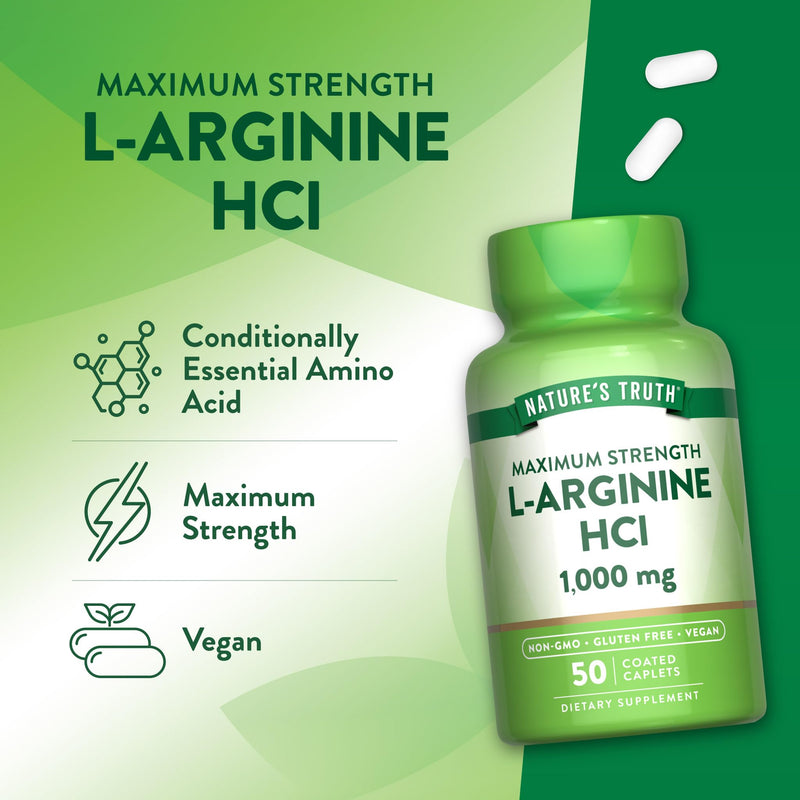 Nature's Truth L-Arginine HCL 1000mg | 50 Caplets | Essential Amino Acid Supplement | Vegan, Non-GMO & Gluten Free Supplement