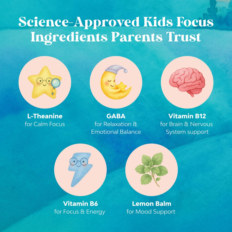 Kids Focus Gummies - Nootropics Brain Support Supplement for Kids with Green Tea Extract, B6 & B12 Vitamins for Memory and Brain Focus - Herbal Concentration Chews for Children - 90 Count 90 Count (Pack of 1)