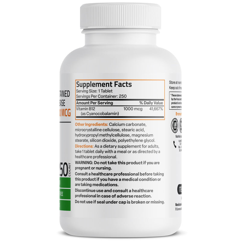 Bronson Vitamin B12 1000 mcg Sustained Release, Energy Support, 250 Tablets | Healthy Brain Function & Nervous System Support, Vegan, Non-GMO, Gluten-Free & Soy-Free 250 Count (Pack of 1)