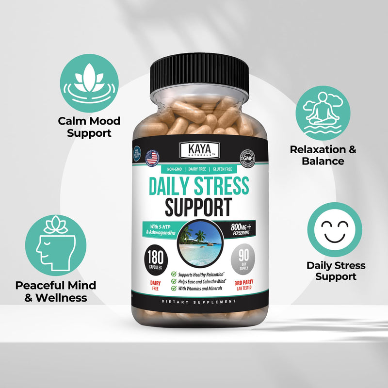 Kaya Naturals Daily Stress Support with Ashwagandha & GABA, 180 Capsules | Ashwagandha, GABA & L-Theanine, Rhodiola, Lemon Balm & Valerian, B Vitamins, Magnesium & Zinc, Daily Calm Support 180 Count (Pack of 1)