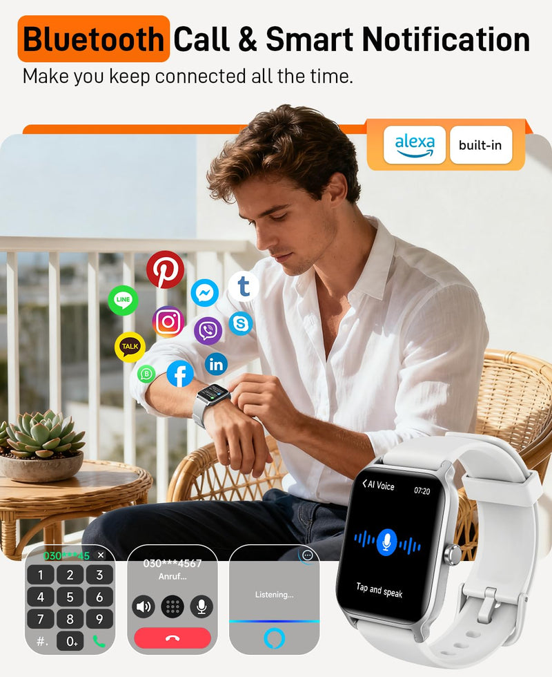 Smart Watches for Women Men, 2026 Smartwatch 1.85''Alexa Fitness Tracker Smart Watch Compatible for Android iPhone with Bluetooth Call (Answer/Make), 3ATM Waterproof Heart Rate/Sleep/SpO2 Monitor 120+ White - BeesActive Australia