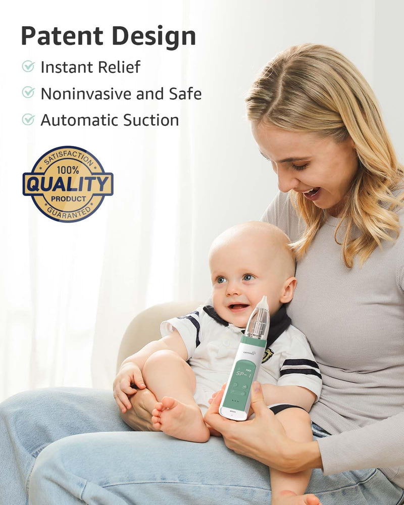 GROWNSY Nasal Aspirator for Baby, Electric Nose Aspirator for Toddler, Baby Nose Sucker, Automatic Nose Cleaner with 3 Silicone Tips, Adjustable Suctions, Music and Light Soothing Function (Green) Green