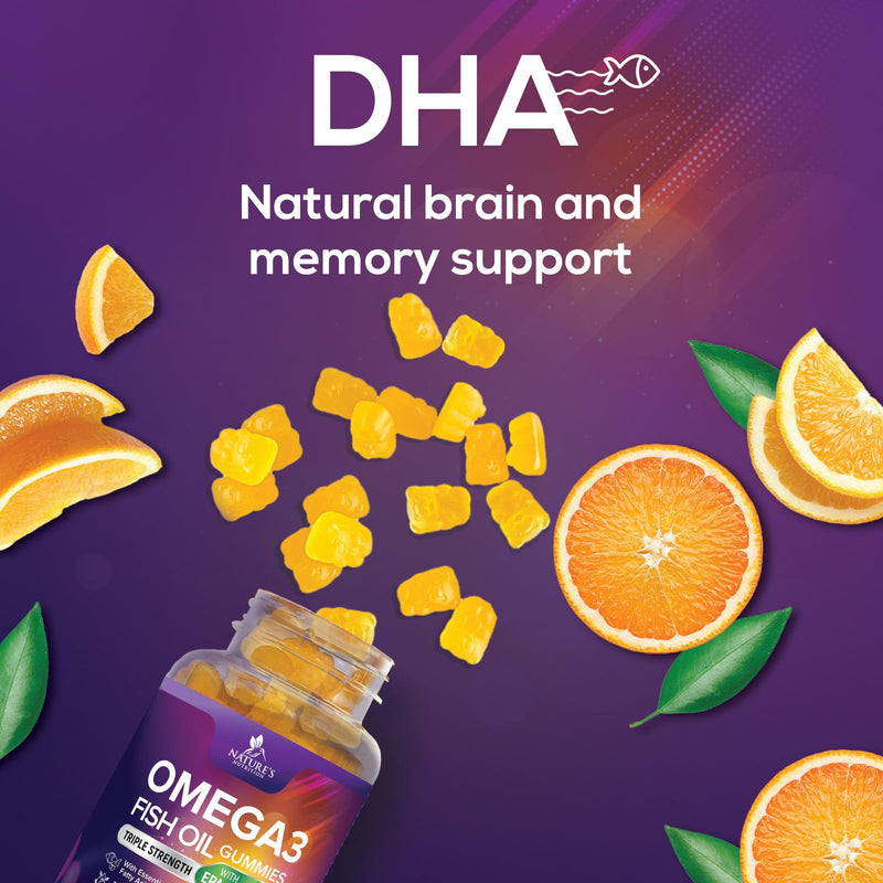 Omega 3 Fish Oil Gummies - 3X Strength Heart Health Support, High Absorption Omega 3 Fish Oil Gummy Supplement with DHA & EPA, Joint & Brain Support for Adults, Delicious Orange Flavor- 60 Gummies 60 Count (Pack of 1)