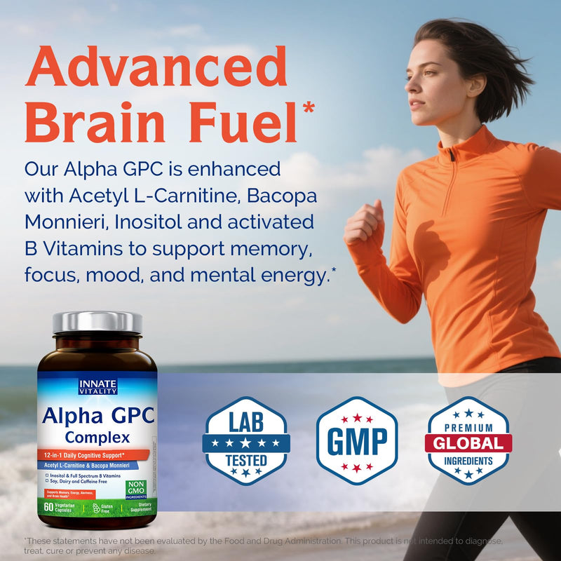 Innate Vitality Alpha GPC, Acetyl L-Carnitine, Bacopa Monnieri, Inositol, Vitamin B Complex, B6, B12, Biotin, 12-in-1 Brain Supplement, for Memory, Focus, Energy, Alertness, 60 Vegan Capsules