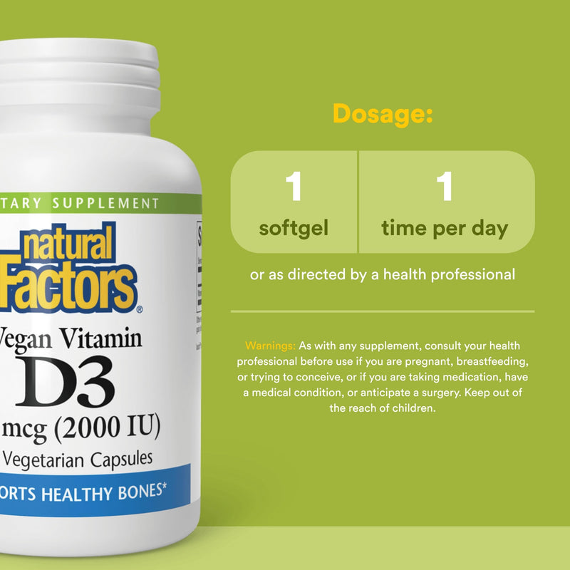 Natural Factors Vegan Vitamin D3 2000 IU - Supports Bone & Immune Health - Plant-Based Cholecalciferol - Vegetarian Capsules - 90 Capsules (90 Servings) 90 Count (Pack of 1)