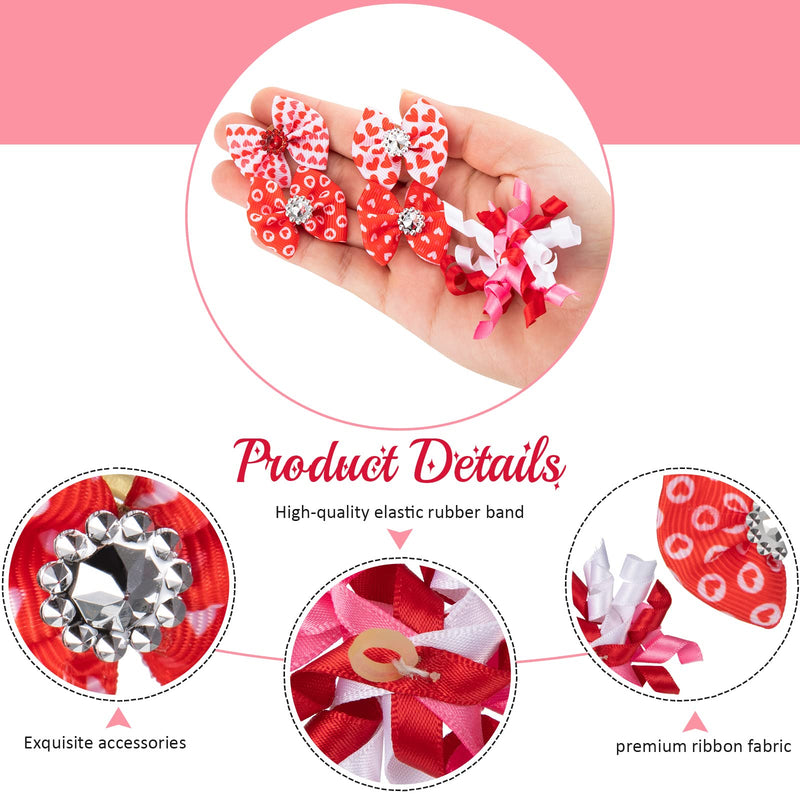 Chuangdi 24 Pcs Valentine's Day Dogs Hair Bows for Pet Hair Bows with Rubber Band Ribbon Curly Dog Hair Bows Adorable Rhinestone Dog Bows Puppy Bows Cat Dog Hair Accessories Heart Pattern - BeesActive Australia