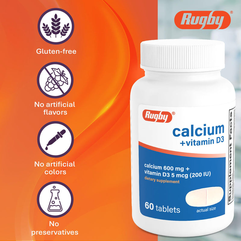 Rugby Calcium 600 mg + Vitamin D3 200IU (5 mcg) Tablets, 60 Count | Gluten-Free Dietary Supplement for Bone Health and Calcium Absorption, No Artificial Colors, Flavors and Preservatives
