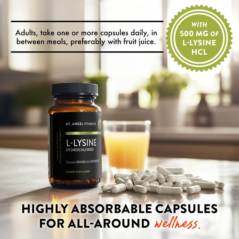 Mt. Angel Vitamins - Premium L-Lysine 500mg Capsules – Vegan-Friendly Essential Amino Acid – Supports Immune System & Collagen Formation – Non-GMO – 60 Capsules 60 Count (Pack of 1)