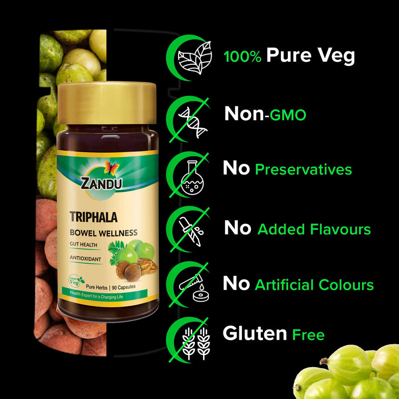 Zandu Triphala Capsules, Supports Bowel Wellness & Healthy Gut, Helps to Boost Immunity & Useful for Digestion, Antioxidant Properties - 90 Veg Capsules - BeesActive Australia
