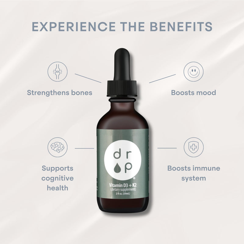 Drop Vitamin D3 + K2 Liquid Drops, 1000 IU Vegan D3 from Lichen, 45 mcg K2 (MK-4 and MK-7), with Organic MCT Coconut Oil, Bone and Immune Support, Non-GMO and Vegan, 59 Servings, 2 fl oz