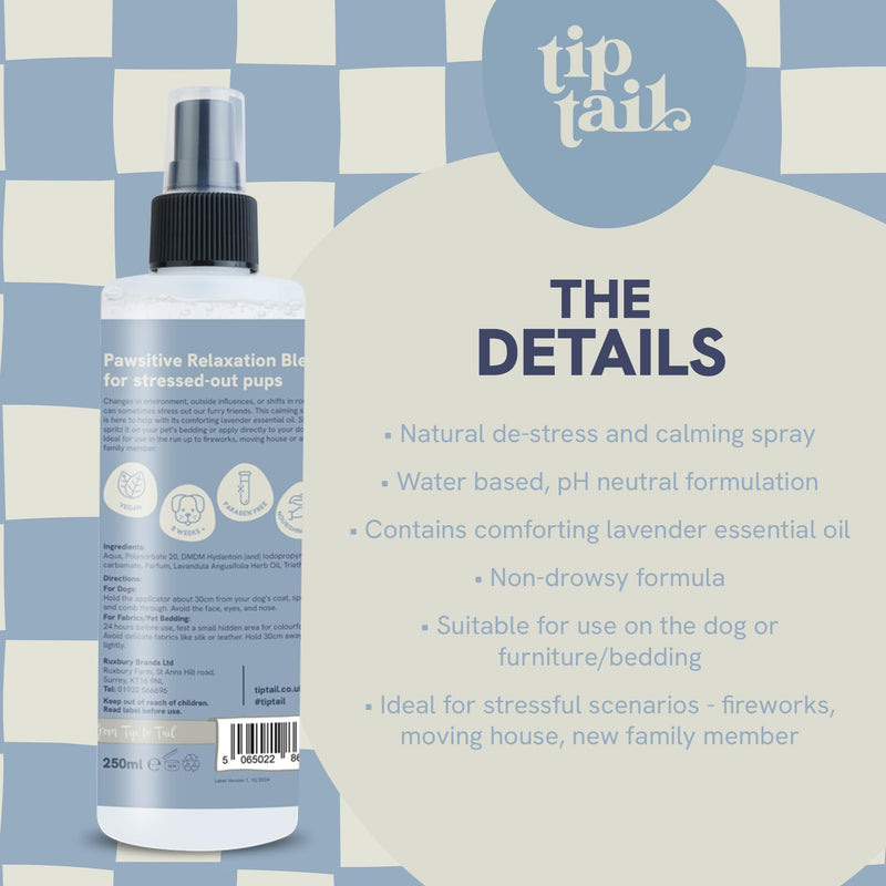 Tip Tail Lavender Calming Mist for Dogs - Comforting Aromatherapy to Calm Stressed and Anxious Dogs. Use on Bedding, Apparel or Directly on Dog's Coat, Natural, pH-Neutral Formula (250 ml)