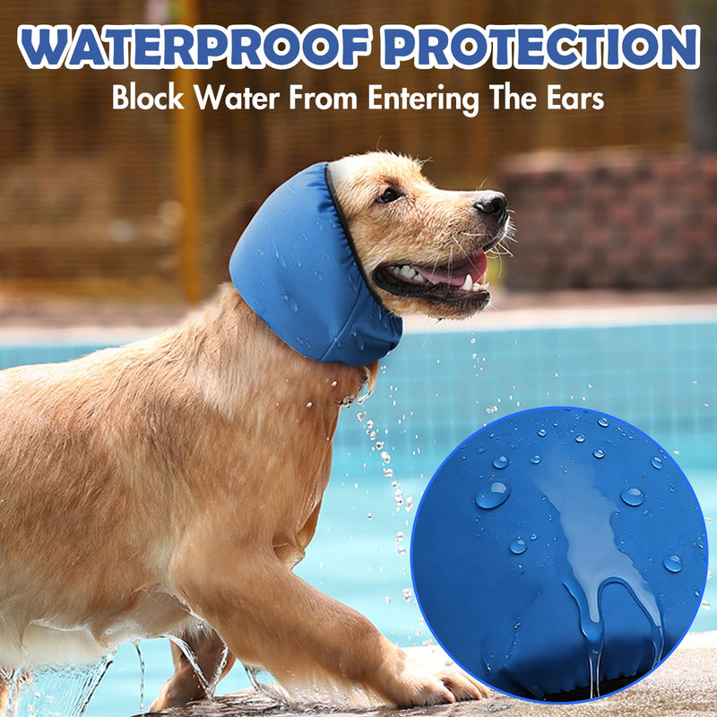 Dog Ear Covers for Bath Swimming, Waterproof Ear Wrap for Dogs, Pet Ear Muffs for Grooming Noise Protection, Elastic Calming Ear Caps (S) Blue Small