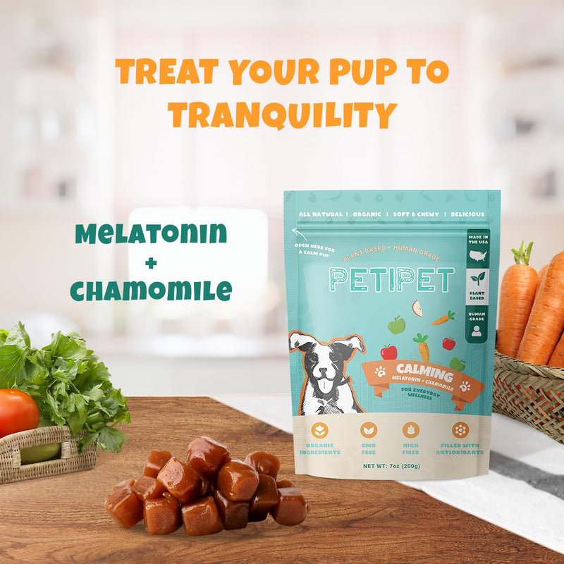 Petipet Calming Chews for Dogs - Plant-Based Calming Supplement w/Melatonin+Chamomile - Calming Aid Soft & Chewy Treats for Relaxing, Stress, Separation, Anxiety Relief, Puppies, Small & Large Breeds Chamomile