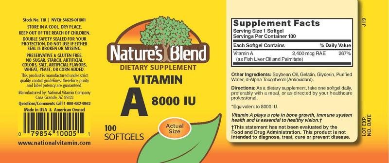 Nature's Blend Vitamin A 8,000 IU 100 Softgels - BeesActive Australia