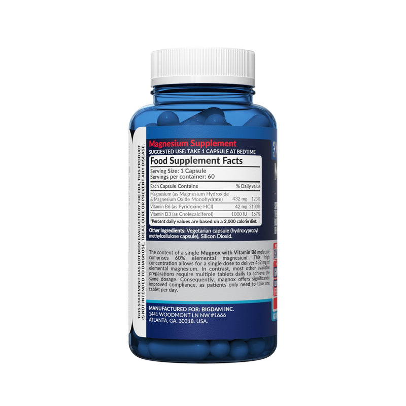 MAGNOX® High Absorption Magnesium Supplement with B6 & D3 Vitamins for Women & Men | Sleep Support | One Capsule a Day for Full Dosage (432mg) Patented & Clinically Tested Formula (60 pils) MAGNOX B6 60 Count (Pack of 1)