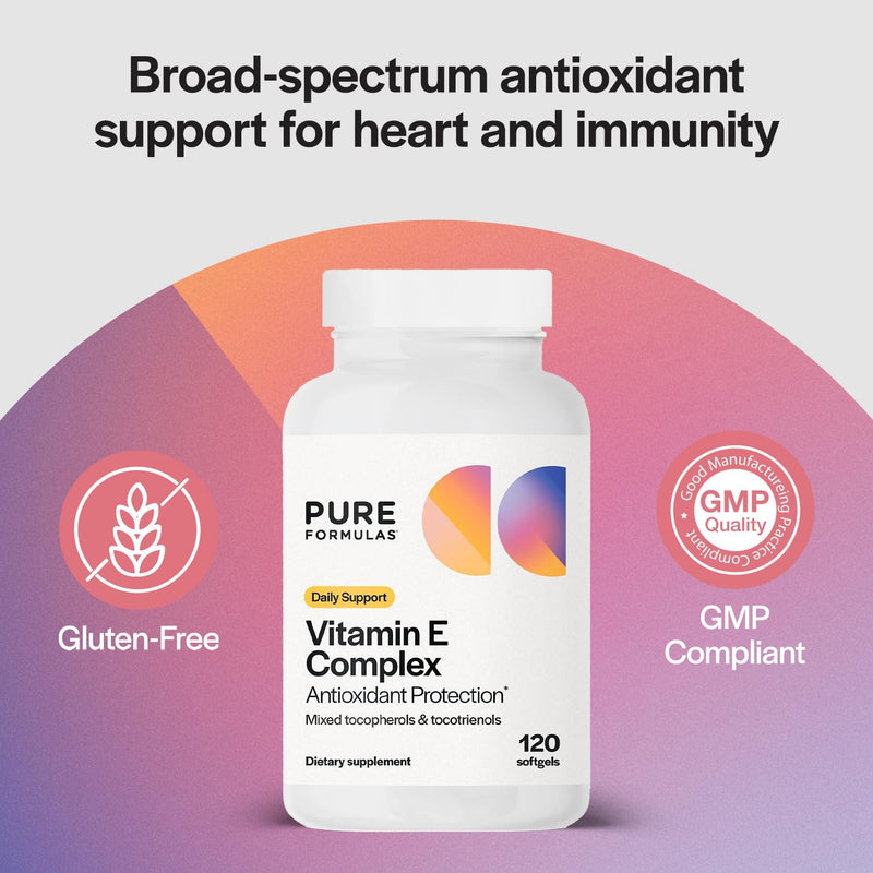 PureFormulas Vitamin E Complex, Full-Spectrum Vitamin E for Cardiovascular and Immune Support, Gamma-tocopherol Rich Antioxidant, Gluten-Free & Kosher, 120 Softgels for Antioxidant Protection