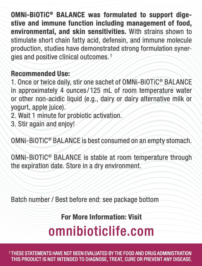 OMNi BiOTiC Balance Probiotic Immune Support - Bifidobacterium & Lactobacillus - Hypoallergenic - Immune Booster Supplement for Men and Women - Non-GMO (28 Daily Packets)