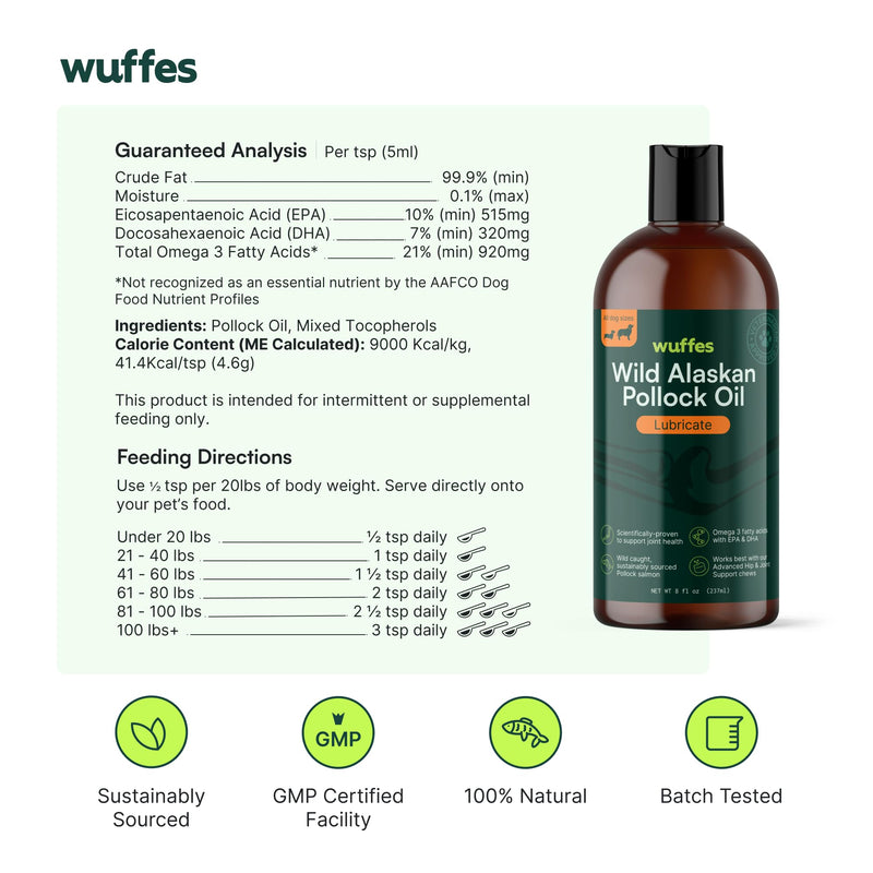 Wuffes Wild Alaskan Pollock Oil for Dogs - Natural EPA & DHA Fatty Acids, Omega 3 for Canines, Supports Healthy Skin and Coat, Joint Nutrition, and Immune System - 100% Pure Fish Oil for Pets - 8 Oz - BeesActive Australia