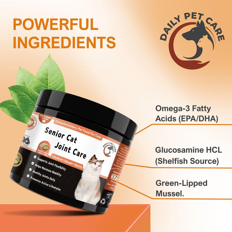 Senior Cat Joint Support Chews UK - Glucosamine, Chondroitin & Omega-3 for Mobility - with Green Lipped Mussel, MSM for Joint Pain Relief in Older Cats - Crunchy & Creamy Cat Treats