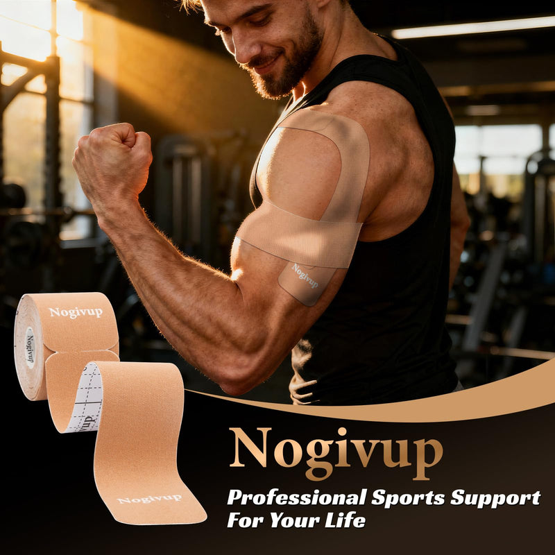 Kinesiology Tape – 2 Rolls Latex-Free Cotton Precut Strips, Elastic Waterproof Athletic Sports Tape for Muscle & Joint Pain Relief & Support (Beige, 2" Wide)