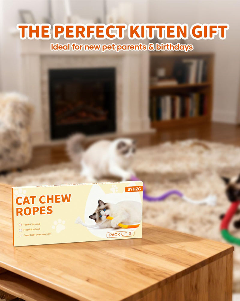 Cat Chew Rope & Kitten Teething Toys – 3 Pack (27 Inch) | Safe Cotton Cat Chew Toy [No Small Parts] | Redirects Biting from Wires | Quiet Cat Teething Toy for Dental Health
