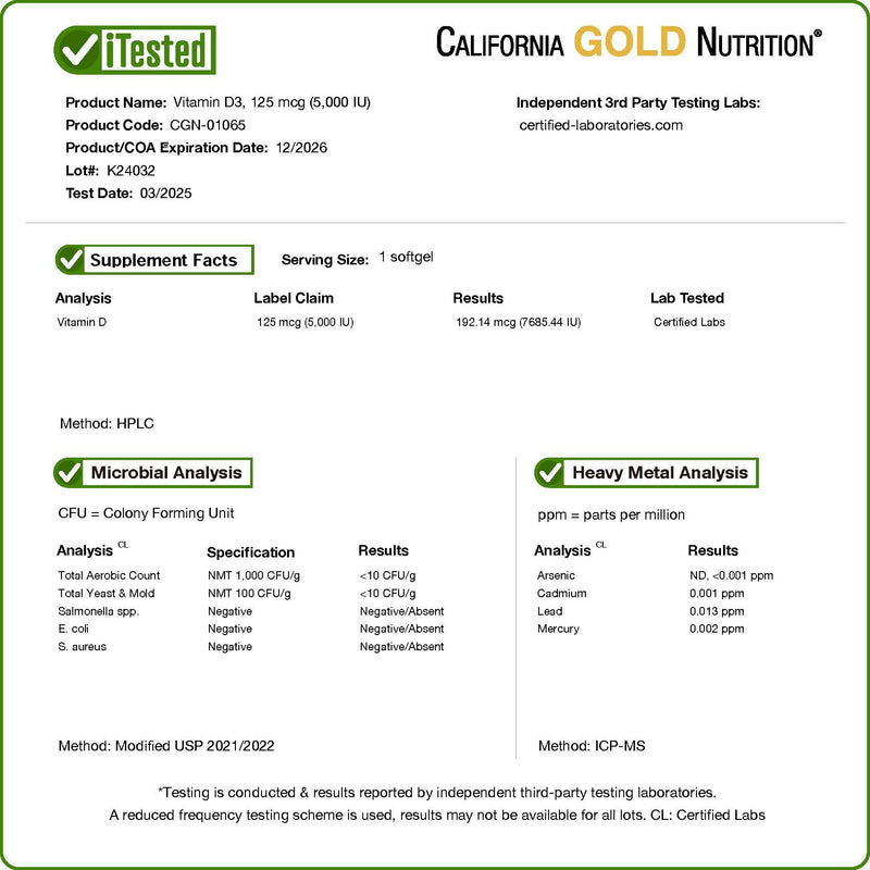 California Gold Nutrition Vitamin D3 Supplement Support for Healthy Bones & Teeth - Immune System Support - Gluten Free, Non-GMO - 125 mcg (5,000 IU) - 90 Fish Gelatin Softgels