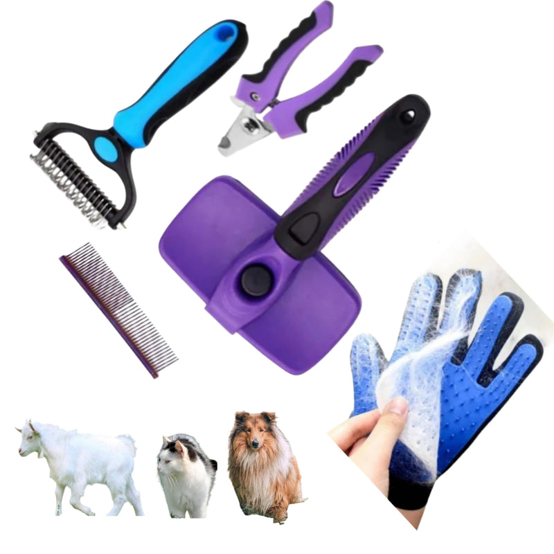 Pet Grooming Kit, 5-Piece Set, Purple and Blue, Includes Self-Cleaning Slicker Brush, Nail Clippers, Grooming Glove, Dematting Comb, Steel Comb - BeesActive Australia