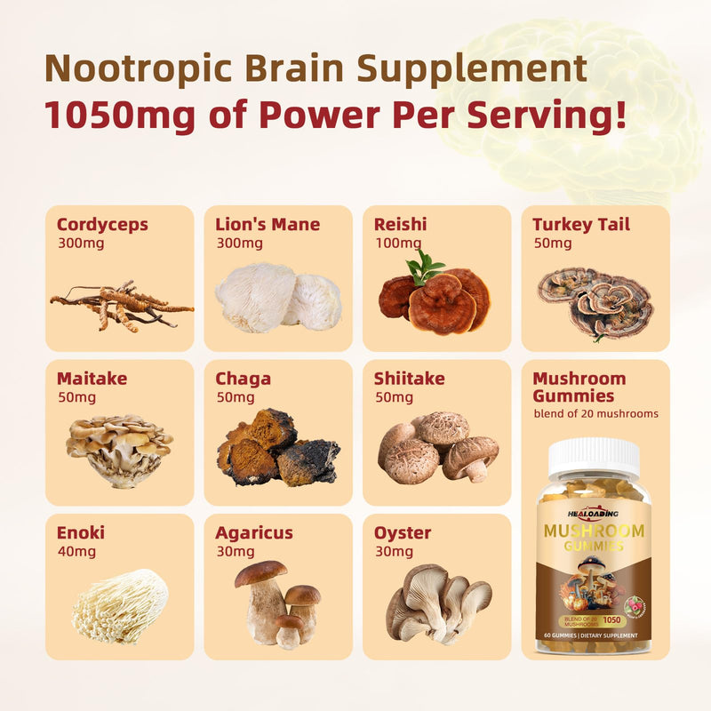 Mushroom Gummies with Lion's Mane & Cordyceps - Immune Support, Brain Health & Memory Enhancement - Vegan Mushroom Complex with Vitamin D3, B6, B9 & B12 - Focus, Energy & Cognitive Function Supplement