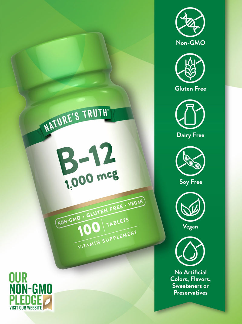 Nature's Truth Vitamin B12 1000 mcg Tablets | 100 Count | for Men & Women | Vegan, Non-GMO & Gluten Free Supplement
