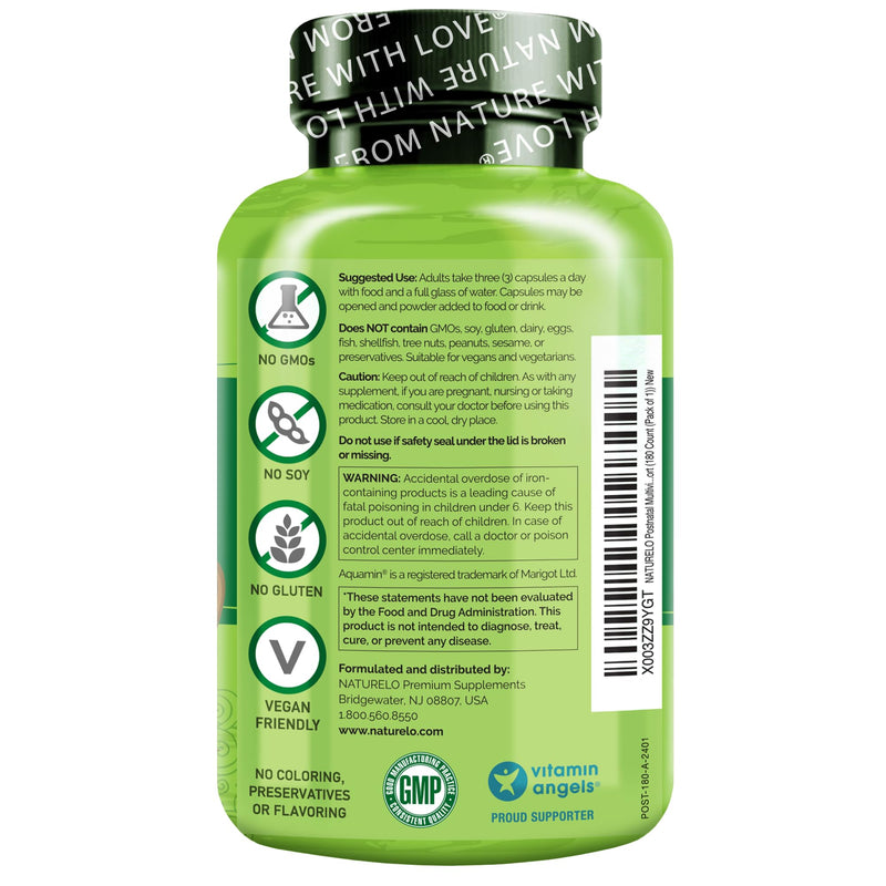 NATURELO Postnatal Multivitamin, Postnatal Vitamins, 180 Capsules | For breastfeeding women, plant-based vitamin D, folate, gentle iron, post natal lactation support, breastfeeding supplement 180 Count (Pack of 1)