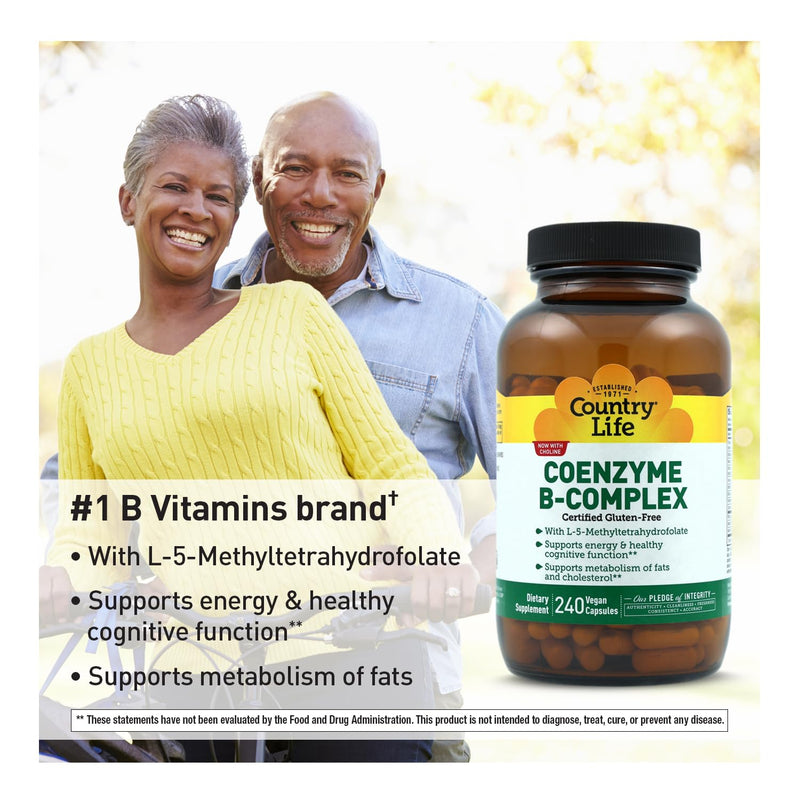 Country Life Coenzyme B-Complex with Methylfolate and B12, 240 Capsules | Includes coenzyme forms of B vitamins plus choline, inositol and alpha lipoic acid for energy and cognitive support Unflavored 240 Count (Pack of 1)